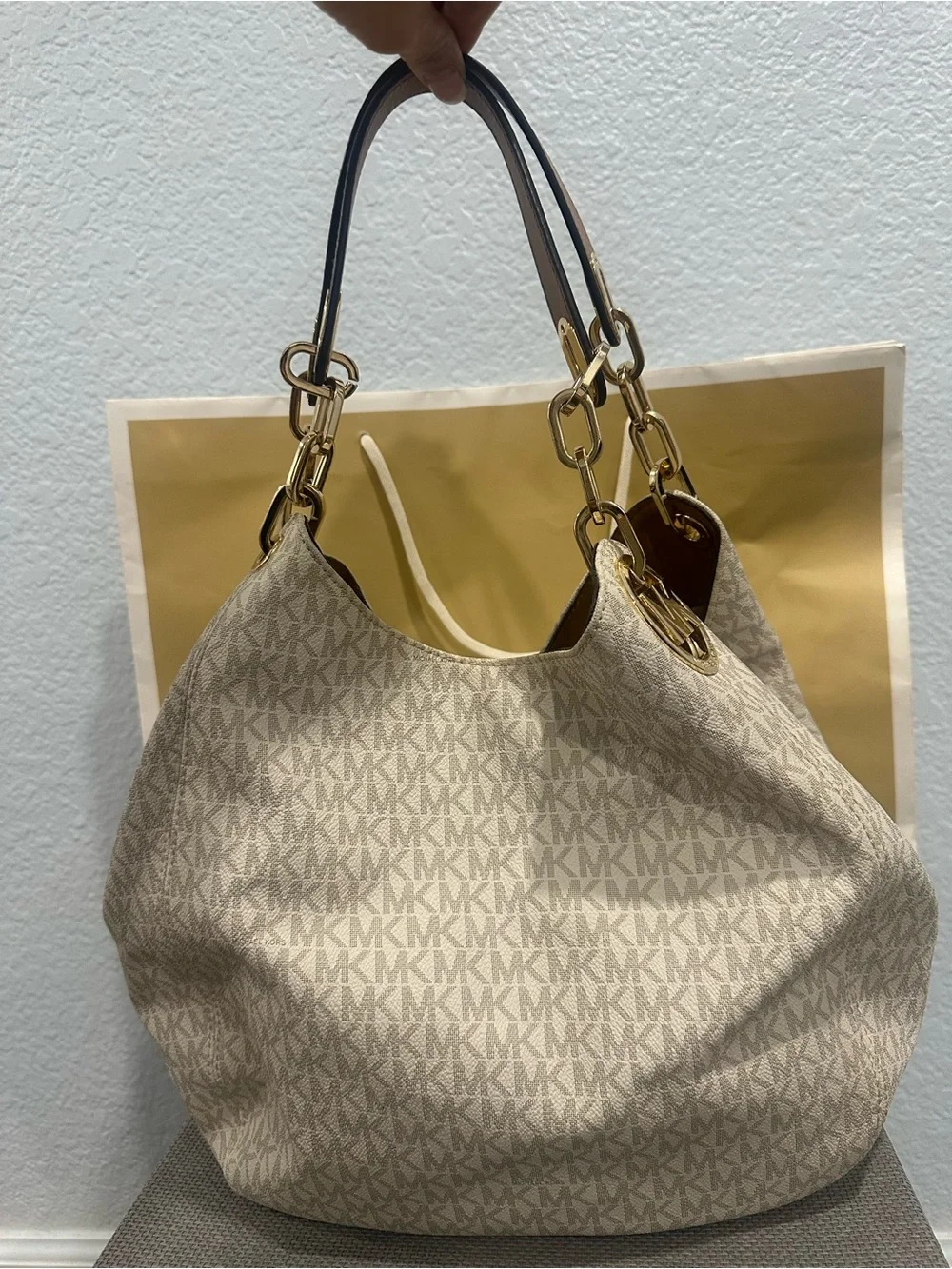 Michael Kors Light Gray Faux Fur Knit Earmuffs with Logo Accent